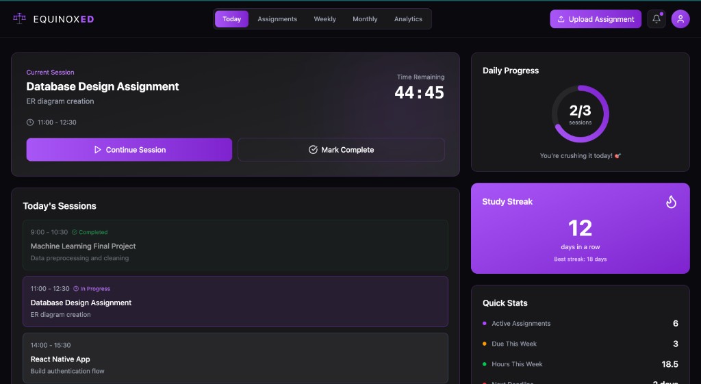 EquinoxED Weekly Calendar - Visualize your study sessions across the week